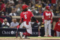 Cincinnati Reds' Jonathan India watches his two-run home run off San Diego Padres relief pitcher Mark Melancon during the ninth inning of a baseball game Thursday, June 17, 2021, in San Diego. (AP Photo/Derrick Tuskan)