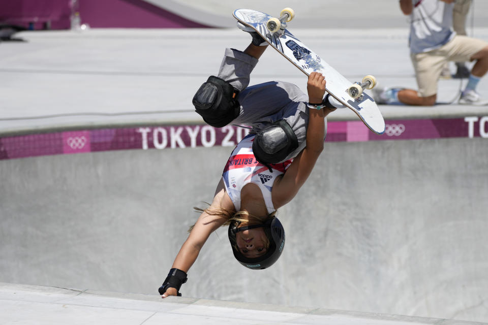 Sky Brown of Britain competes in the women's park skateboarding finals at the 2020 Summer Olympics, Wednesday, Aug. 4, 2021, in Tokyo, Japan. (AP Photo/Ben Curtis)