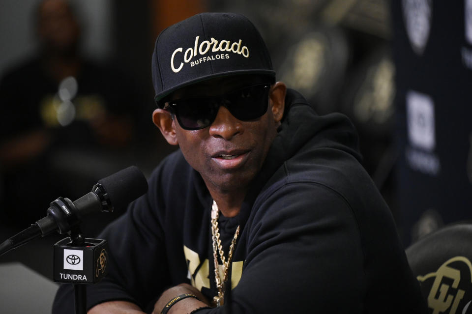 BOULDER, CO - AUGUST 4 : CU football head coach Deion Sanders is in the press conference at UCHealth Champions Center In Boulder, Colorado on Friday, August 4, 2023. (Photo by Hyoung Chang/The Denver Post)