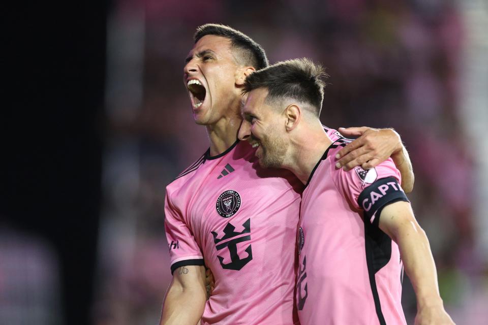 Inter Miami CF defender Jean Mota (7) celebrates with forward Lionel Messi (10) after scoring during the second half against the New York Red Bulls.