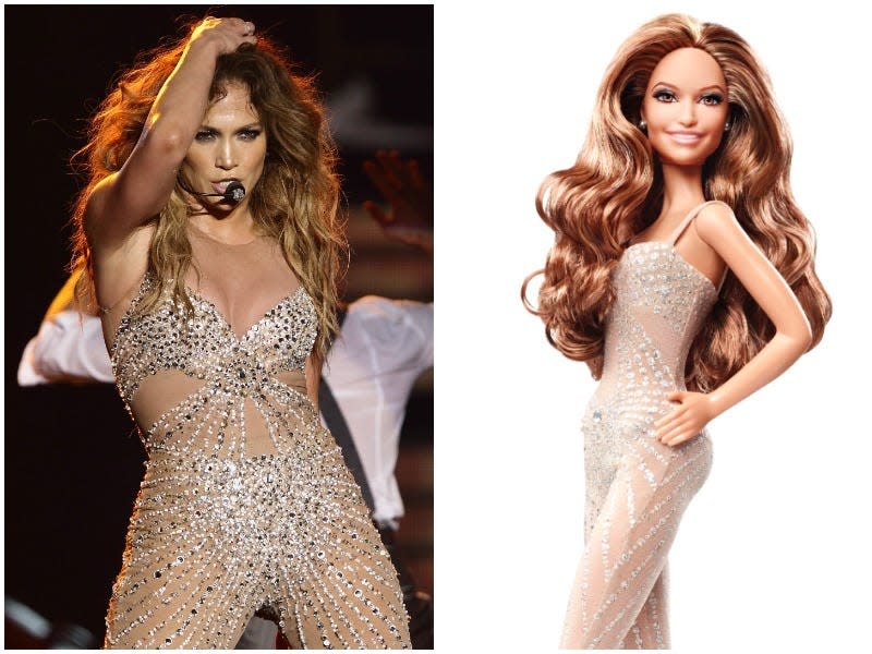 Jennifer Lopez as a Barbie in a side by side image