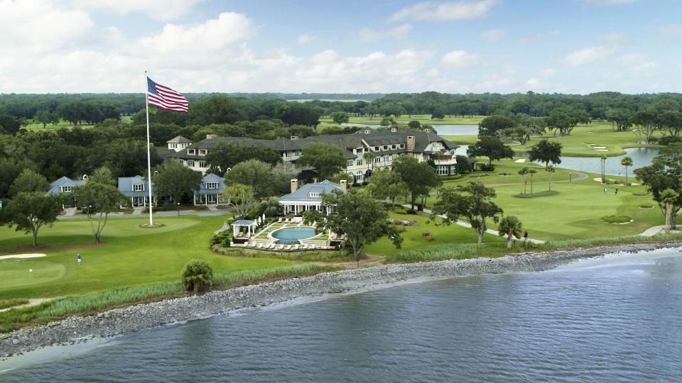 An aerial view of the regal Lodge at Sea Island and its surrounding golf courses