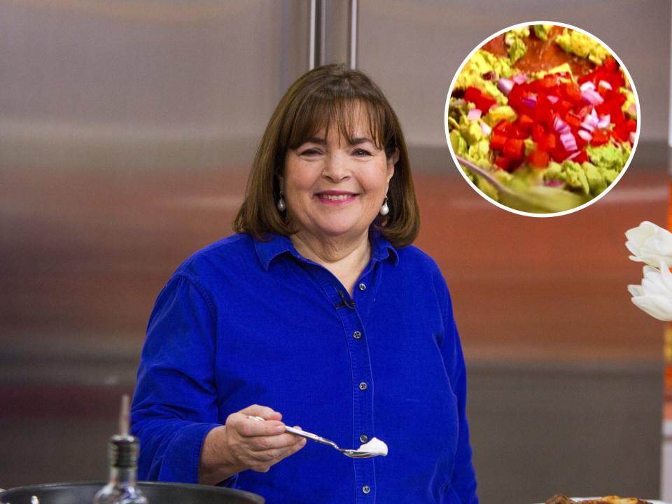 ina garten cooking and guacamole with tomatoes in white circle