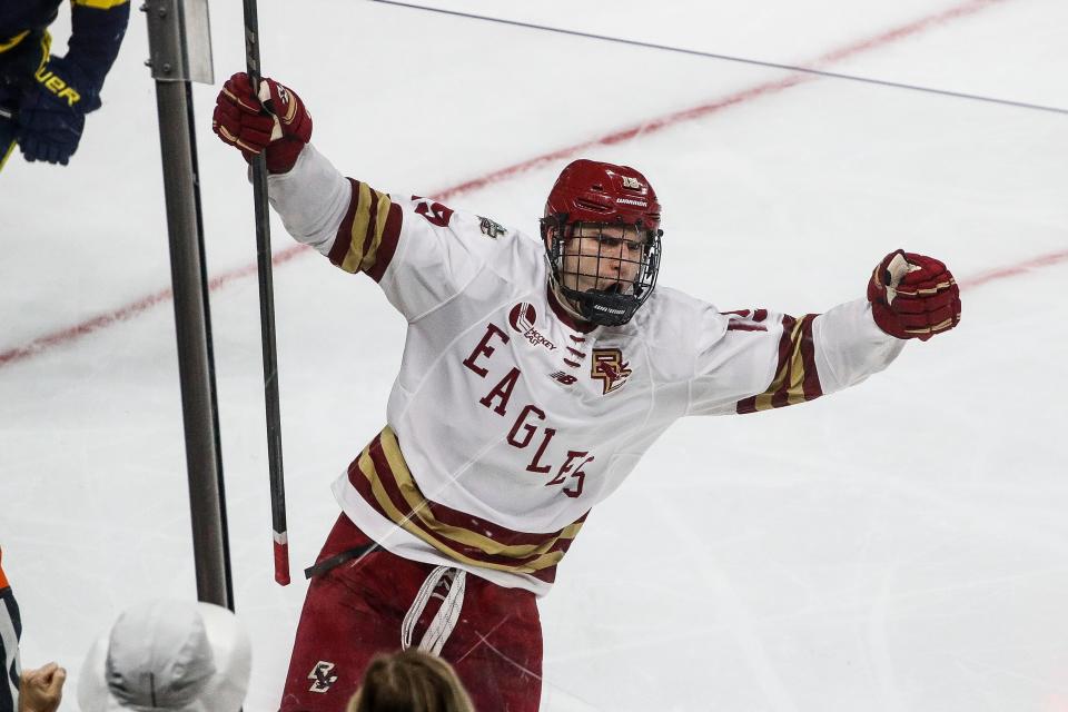 Boston College forward Cutter Gauthier (19) scores a goal against Michigan during the second period of the Frozen Four semifinal game at Xcel Energy Center in St. Paul, Minn. on Thursday, April 11, 2024.