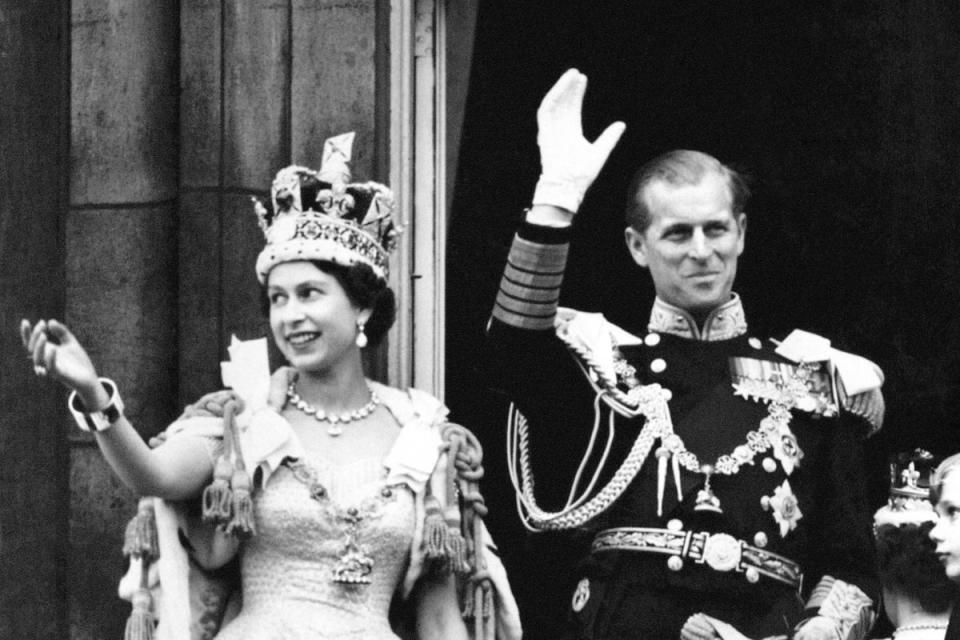 The Queen Elizabeth II, wearing the Imperial State Crown, and the Duke of Edinburgh, dressed in uniform of Admiral of the Fleet on Coronation Day (PA) (PA Wire)