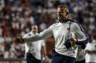 Auburn head coach Bryan Harsin reacts after a score during the second half of an NCAA college football game against Mercer, Saturday, Sept. 3, 2022, in Auburn, Ala. (AP Photo/Butch Dill)