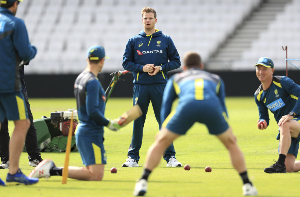 Australia's Steve Smith, center, attends a nets session at Headingley, Leeds, England, Tuesday Aug. 20, 2019. England and Australia will begin the 3rd Ashes Test cricket match on Aug. 22. (Mike Egerton/PA via AP)