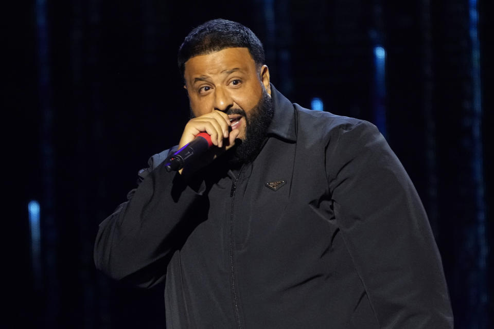 DJ Khaled presents the Recording Academy global impact award at the Black Music Collective on Thursday, Feb. 2, 2023, at The Hollywood Palladium in Los Angeles. (AP Photo/Chris Pizzello)