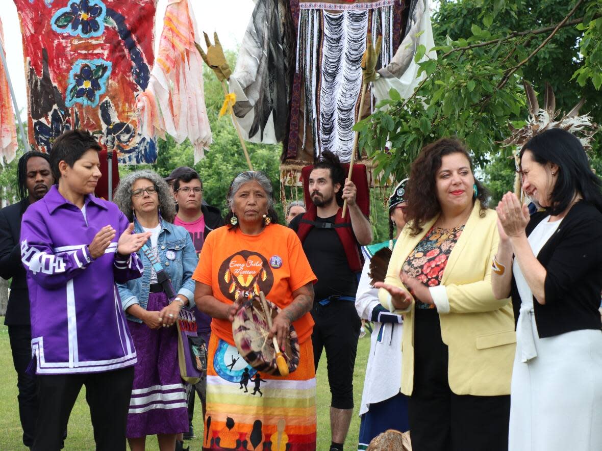 A ceremony honouring National Indigenous Peoples Day and the sun solstice was held at the Quai de l'Horloge in Old Montreal Tuesday. (Matt D'Amours/CBC  - image credit)