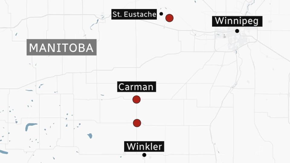 The approximate locations where the five people were found dead Sunday are marked here by red dots. One was on Highway 3 between Carman and Winkler. The second was on Highway 248 north of provincial road 242, just east of St. Eustache. The third was a home in Carman.