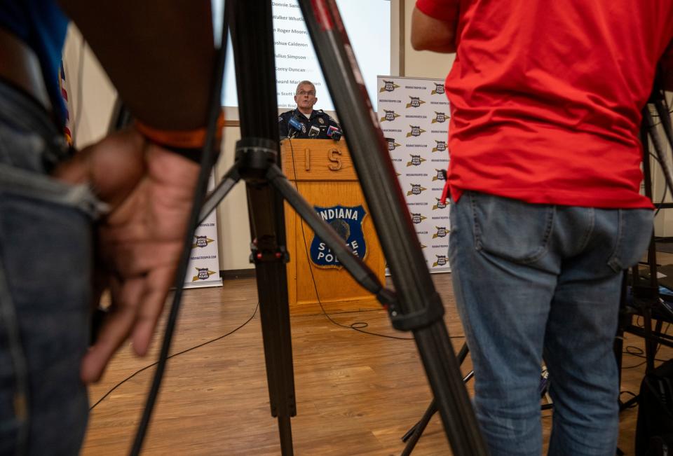 Doug Carter, the Indiana State Police superintendent, talks with media members on Thursday, Oct. 12, 2023. Carter recently criticized a Marion County judge following the death of three people in a high speed chase on the eastern side of Indianapolis.