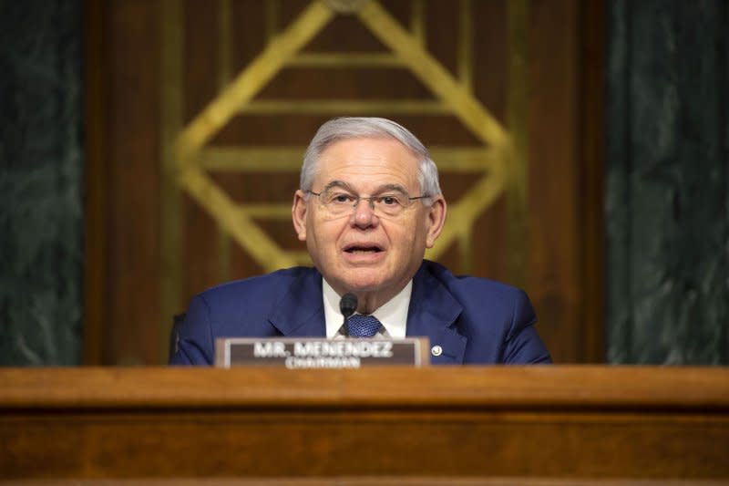 Sen. Bob Menendez speaks during a Senate Foreign Relations Committee Hearing on April 26, 2022. File Photo by Bonnie Cash/UPI