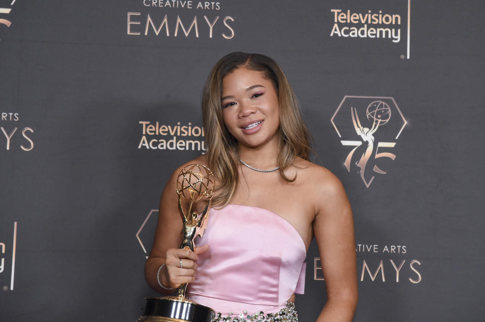 Storm Reid poses in the press room with the award for outstanding guest actress in a drama series for "The Last Of Us - Left Behind" during night one of the Creative Arts Emmy Awards on Saturday, Jan. 6, 2024, at the Peacock Theater in Los Angeles. (Photo by Richard Shotwell/Invision/AP)