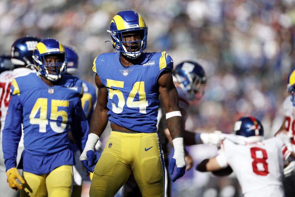 Rams outside linebacker Leonard Floyd (54) reacts after sacking New York Giants quarterback Daniel Jones (8).