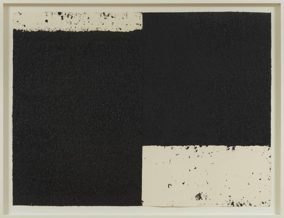 RICHARD SERRA, Diptych #6, 2019. Paintstick, etching ink and silica on handmade paper, 47 1/2 x 63 1/4 inches, (120.7 x 160.7 cm).