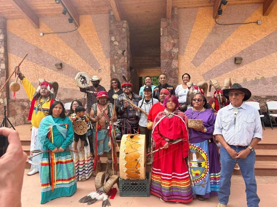 Interior Secretary Deb Haaland, center, with Havasupai Tribal Council members and the Guardians of the Grand Canyon during her visit to Supai on May 20, 2023.