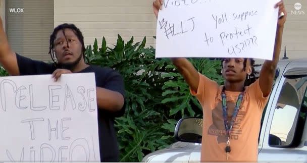 PHOTO: Protesters rally outside the Police Department headquarters after the death of teen Jaheim McMillan who was shot by poice in Gulfport, Miss., Oct. 11, 2022. (WLOX)