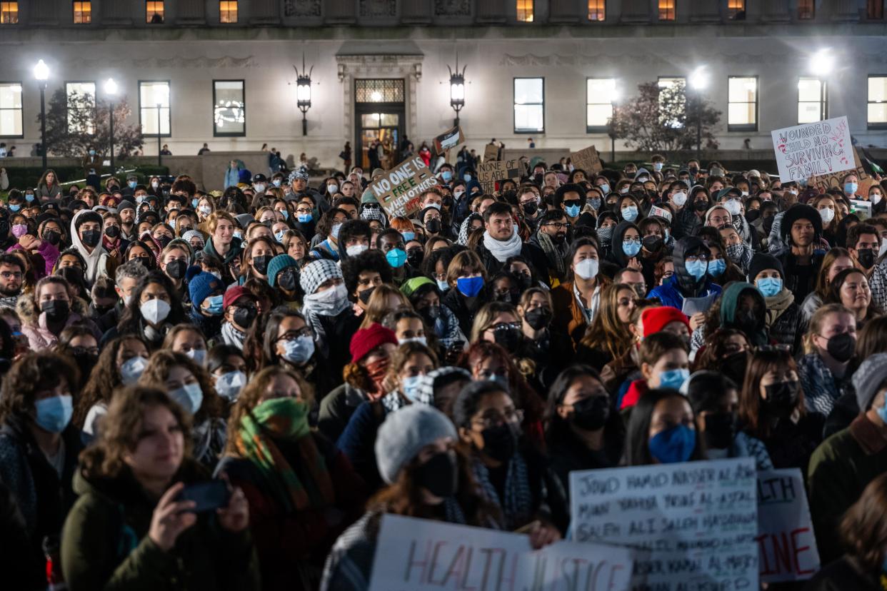 Students participate in a protest in support of Palestine and for free speech at Columbia University campus on November 14, 2023, in New York City.