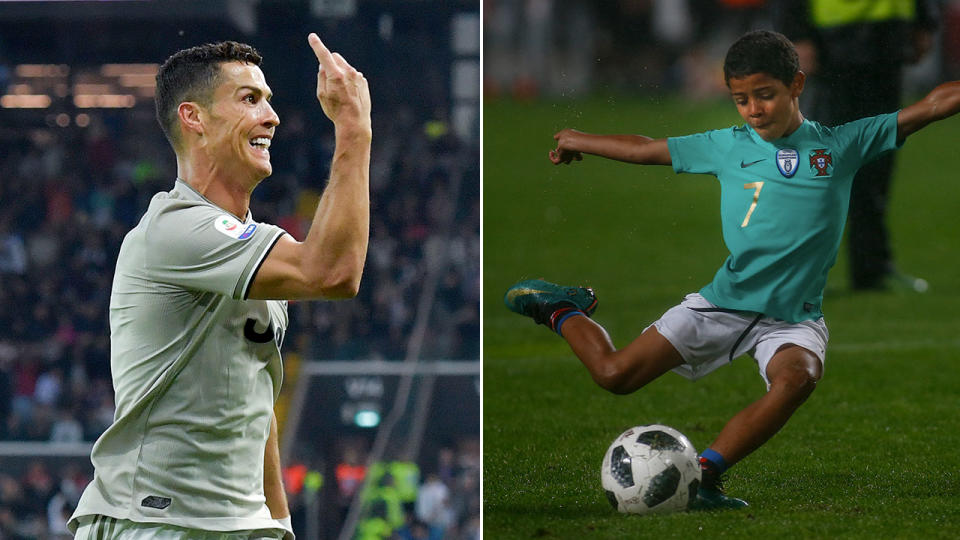 Ronaldo’s son seems to be following nicely in the footsteps of his superstar dad. Pic: Getty