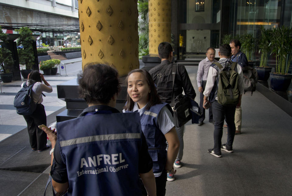 Election observers of the Asian Network for Free Elections (ANFREL) gather for a press conference in Bangkok, Thailand, Tuesday, March 26, 2019. international election observation group has issued a critical report on Thailand's first election since a 2014 military coup, saying the "tabulation and consolidation of ballots were deeply flawed." (AP Photo/Gemunu Amarasinghe)