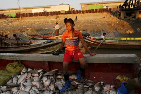 Kyaw Khine Soe, a 16-year-old worker, sits on a boat at San Pya fish market in Yangon, Myanmar February 16, 2016. REUTERS/Soe Zeya Tun