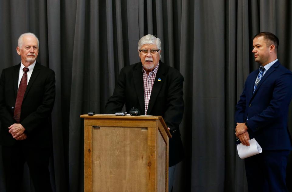 Vote417 leaders, from left, include Barry Rowell, Bob Stephens and Jacob Brower. They spoke Tuesday at a news conference about the school board race.