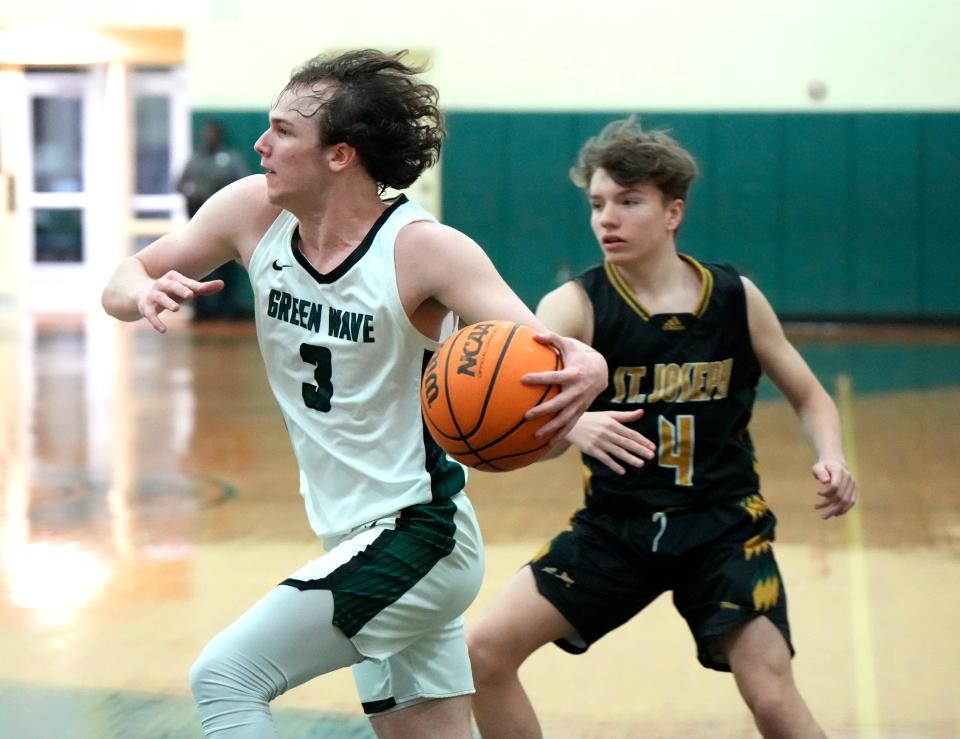 Father Lopez's Jonathan Powell drives to the basket during a game with St. Joseph at Father Lopez Catholic High School in Daytona Beach, Wednesday, Jan. 31, 2024.