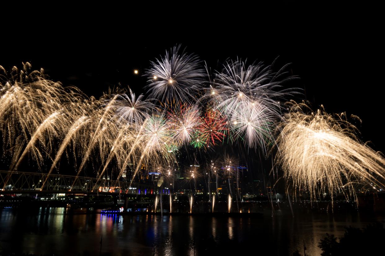 A view from Newport on the Levee as fireworks light up the Ohio River during the WEBN and Western & Southern Fireworks at Riverfest in 2022.