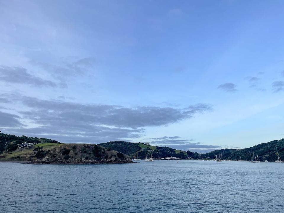 The view of Waiheke Island, New Zealand, from a ferry.