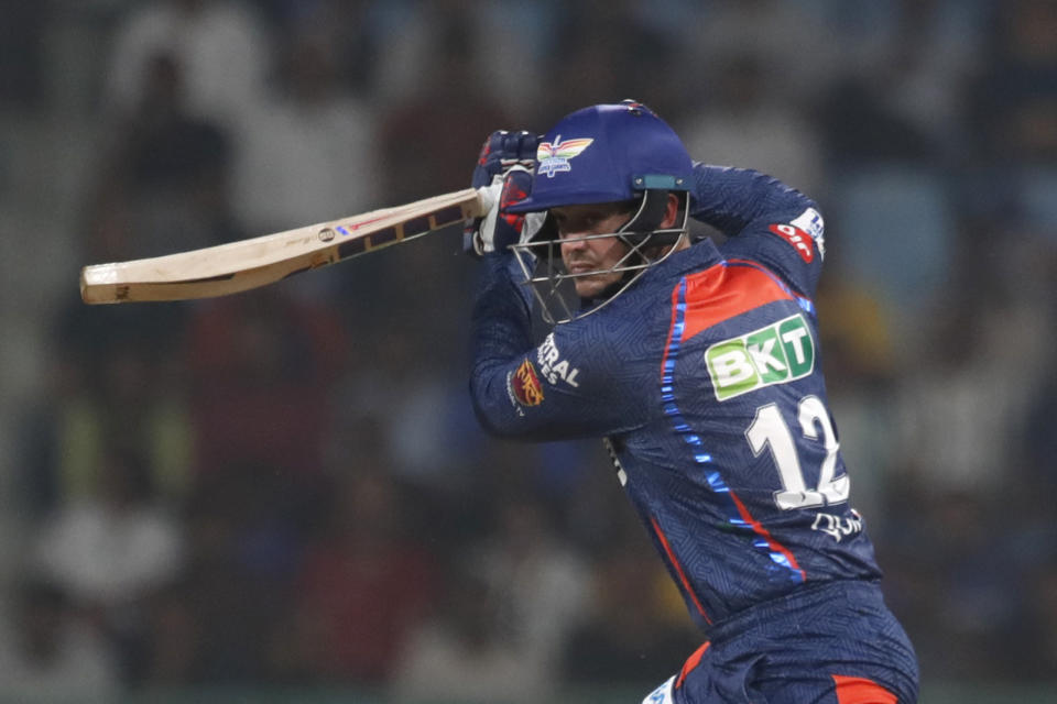 Lucknow Super Giants' Quinton de Kock plays a shot during the Indian Premier League cricket match between Lucknow Super Giants and Punjab Kings in Lucknow, India, Saturday, March 30, 2024.(AP Photo/Pankaj Nangai)