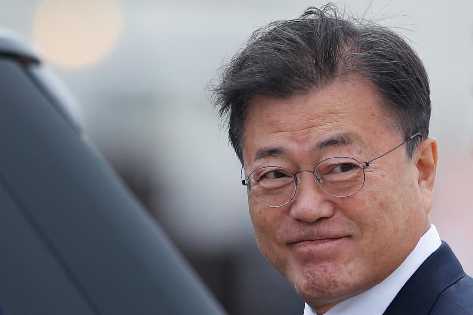 South Korea's President Moon Jae-in arrives at Cornwall Airport Newquay for the G7 summit in Carbis Bay, Cornwall, Britain, June 11, 2021. REUTERS/Peter Nicholls/Pool