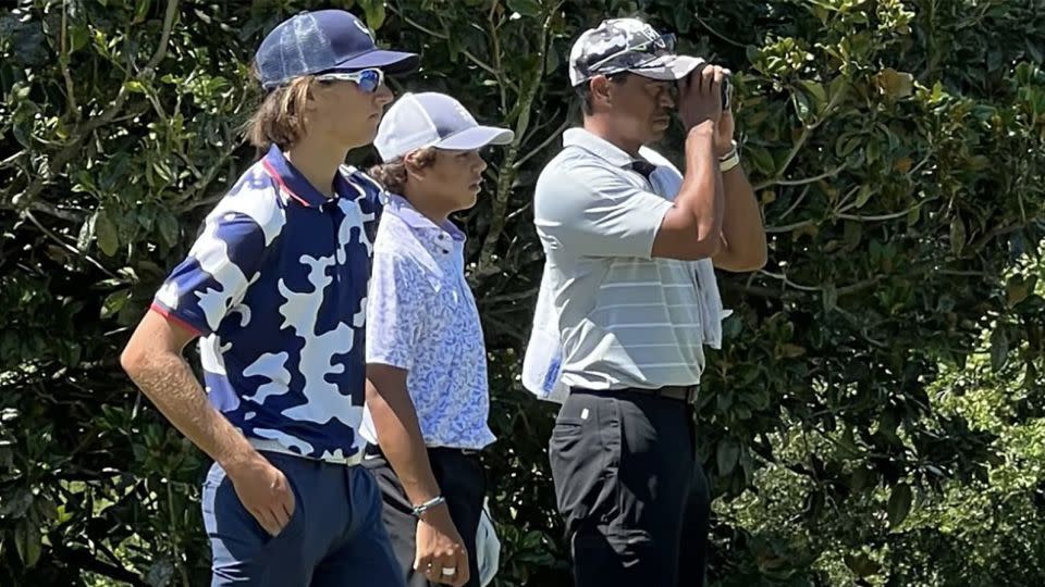 Woods on caddie duty for his son (center) at the Notah Begay III Junior Golf National Championships at Mission Inn Resort in Orlando, Florida in September. - mshanecroft/Instagram