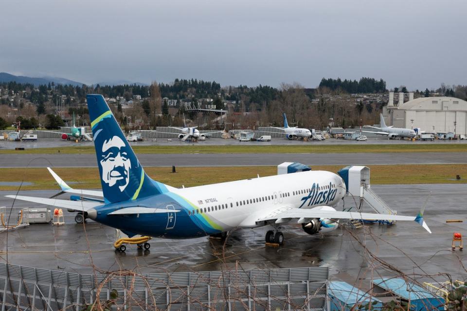 A Boeing 737 MAX 9 for Alaska Airlines is pictured along with other 737 aircraft at Renton Municipal Airport adjacent to Boeing's factory in Renton, Washington, on 25 January 25, 2024 (AFP via Getty Images)