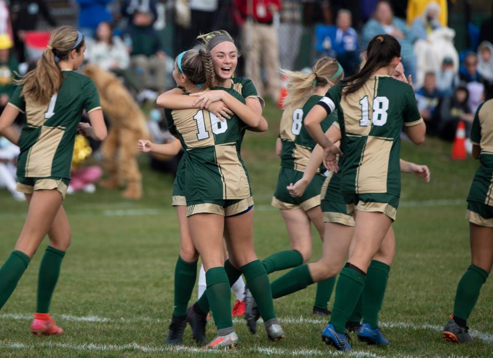 Schalick celebrates a goal against Pennsville during a South Jersey Group 1 championship game Thursday, Nov. 11, 2021 in Pittsgrove, NJ. Schalick won 2-0.