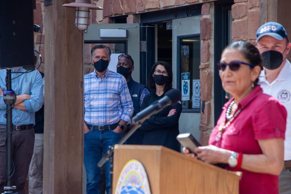 Secretary of the Interior Deb Haaland held a press conference regarding Bears Ears National Monument on April 8, 2021 with Sen. Mitt Romney, Gov. Spencer Cox, Rep. Blake Moore and several tribal leaders.