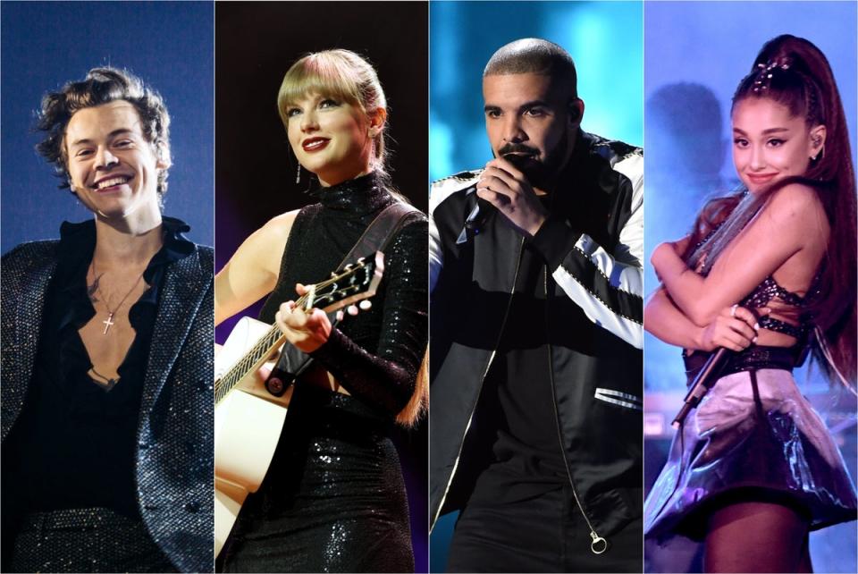 L-R: Songs by Harry Styles, Taylor Swift, Drake and Ariana Grande could all be wiped from TikTok (Getty)