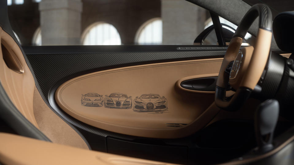 A close-up of the interior driver's door on the one-off Bugatti Chiron Super Sport “Golden Era” hypercar.