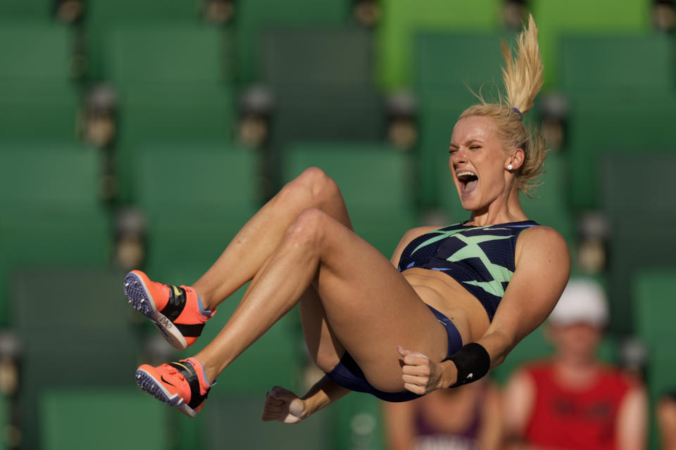 Katie Nageotte celebrates during the finals of the women's pole vault at the U.S. Olympic Track and Field Trials Saturday, June 26, 2021, in Eugene, Ore. (AP Photo/Charlie Riedel)