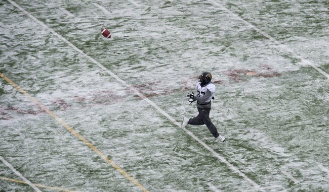 Hamilton Tiger-Cats wide receiver Brandon Banks catches a pass during a practice, Wednesday November 20, 2013 in Regina. The Tiger-Cats will face the Saskatchewan Roughriders Sunday in the 101st CFL Grey Cup. THE CANADIAN PRESS/Nathan Denette