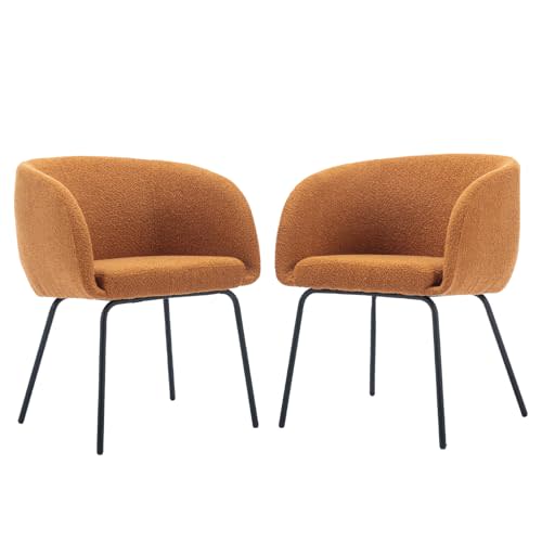 Dekketo Upholstered Tub Chairs, Boucle Living Room Armchair, Dining Chair Set of 2with Metal Legs for Kitchen Bedroom Lounge, Caramel