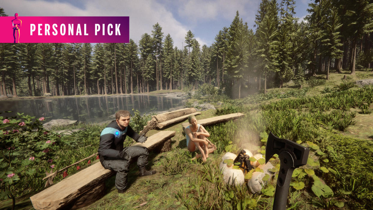  Sons of the Forest - Kelvin and Verginia are sitting around a campfire at the edge of a lake. 