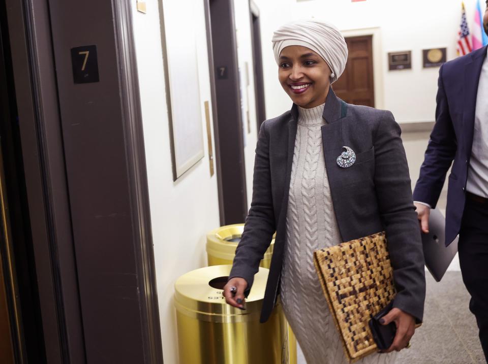 Rep. Ilhan Omar, D-Minn., leaves her office at the Longworth House Office Building on Feb. 2, 2023 in Washington, DC.
