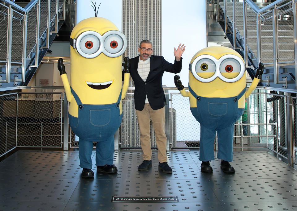 <p>Steve Carell finds himself again flanked by Minions as he promotes <em>Minions: The Rise of Gru </em>atop N.Y.C.'s Empire State Building on June 28.</p>