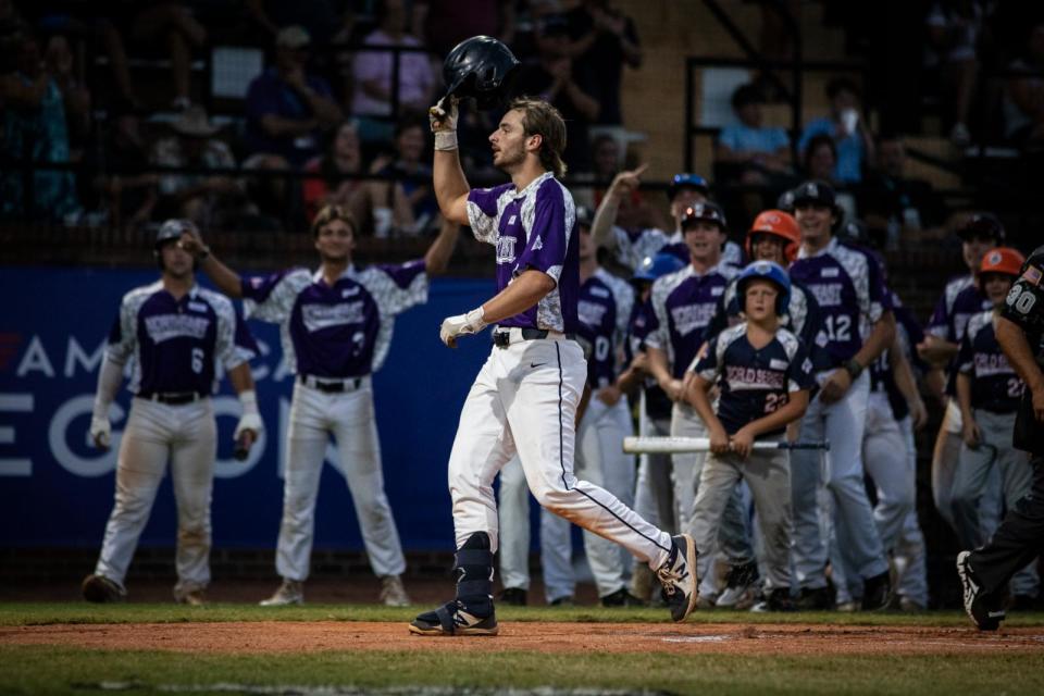 Shrewsbury's Zach Amero celebrates his first-inning home run Saturday night against Camden, South Carolina, at the American Legion World Series.