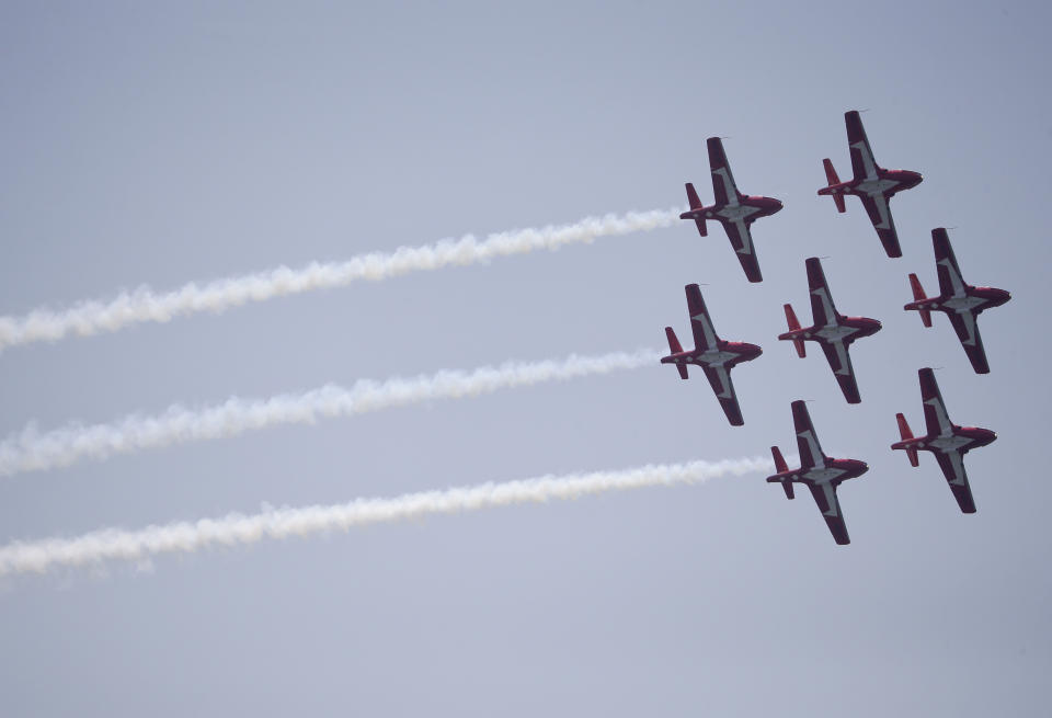 The Royal Canadian Air Force Snowbirds demonstration team flies in formation during the 13th Annual Bethpage Air Show, Saturday, May 28, 2016, at  Jones Beach in Wantagh, N.Y. (AP Photo/Julie Jacobson)