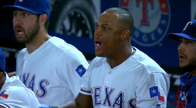 Joey Gallo and Adrian Beltre are open-mouthed and speechless at Carlos Gomez's enormous game-tying home run. (MLB.TV)