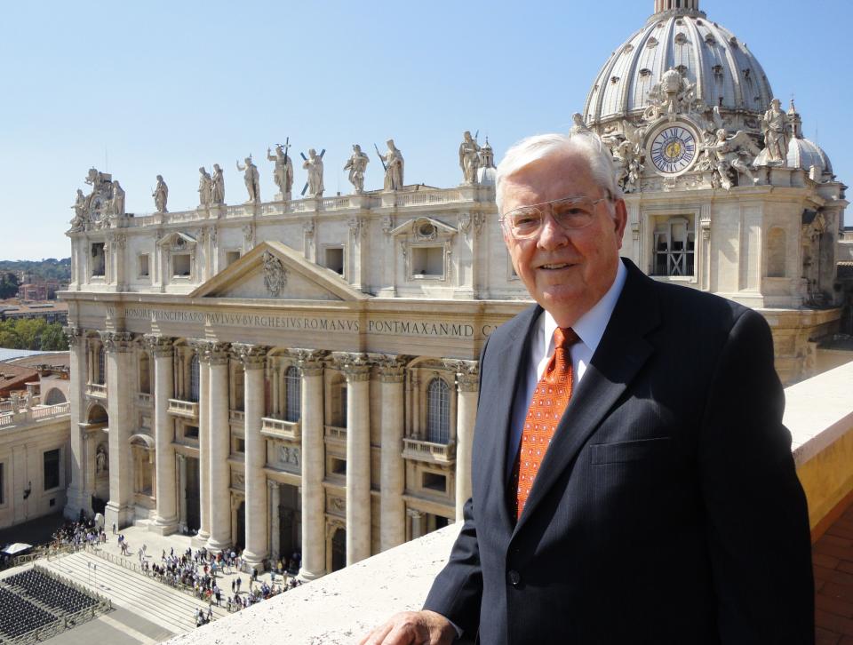 Elder M. Russell Ballard is photographed with St. Peter’s Basilica during his visit to the Vatican City Sept. 2010. From Church News Sept. 25, 2010 | Photo courtesy Elder Ronald A. Rasband,