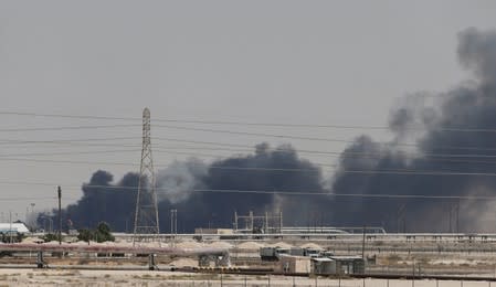 FILE PHOTO: Smoke is seen following a fire at Aramco facility in the eastern city of Abqaiq