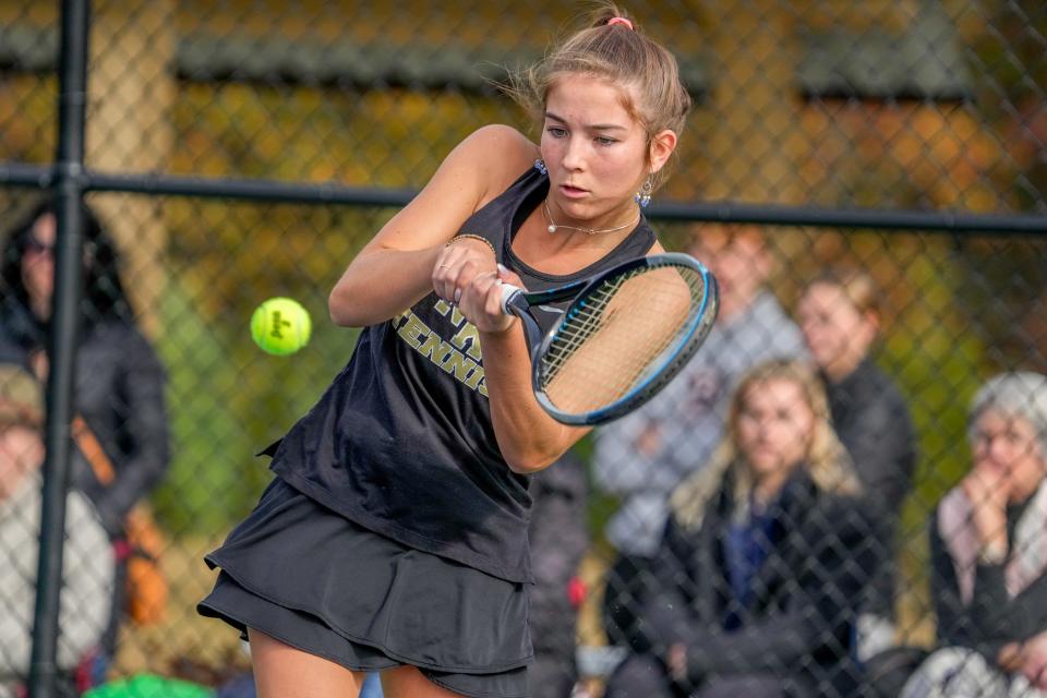 North Kingstown's No. 2 singles player Kate Maloney returns a volley