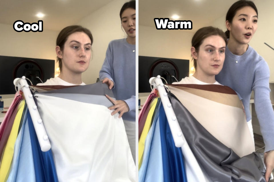 Both images show two women; one is seated with fabric swatches around her neck while the other stands beside her, discussing the fabric samples. Their names are unknown